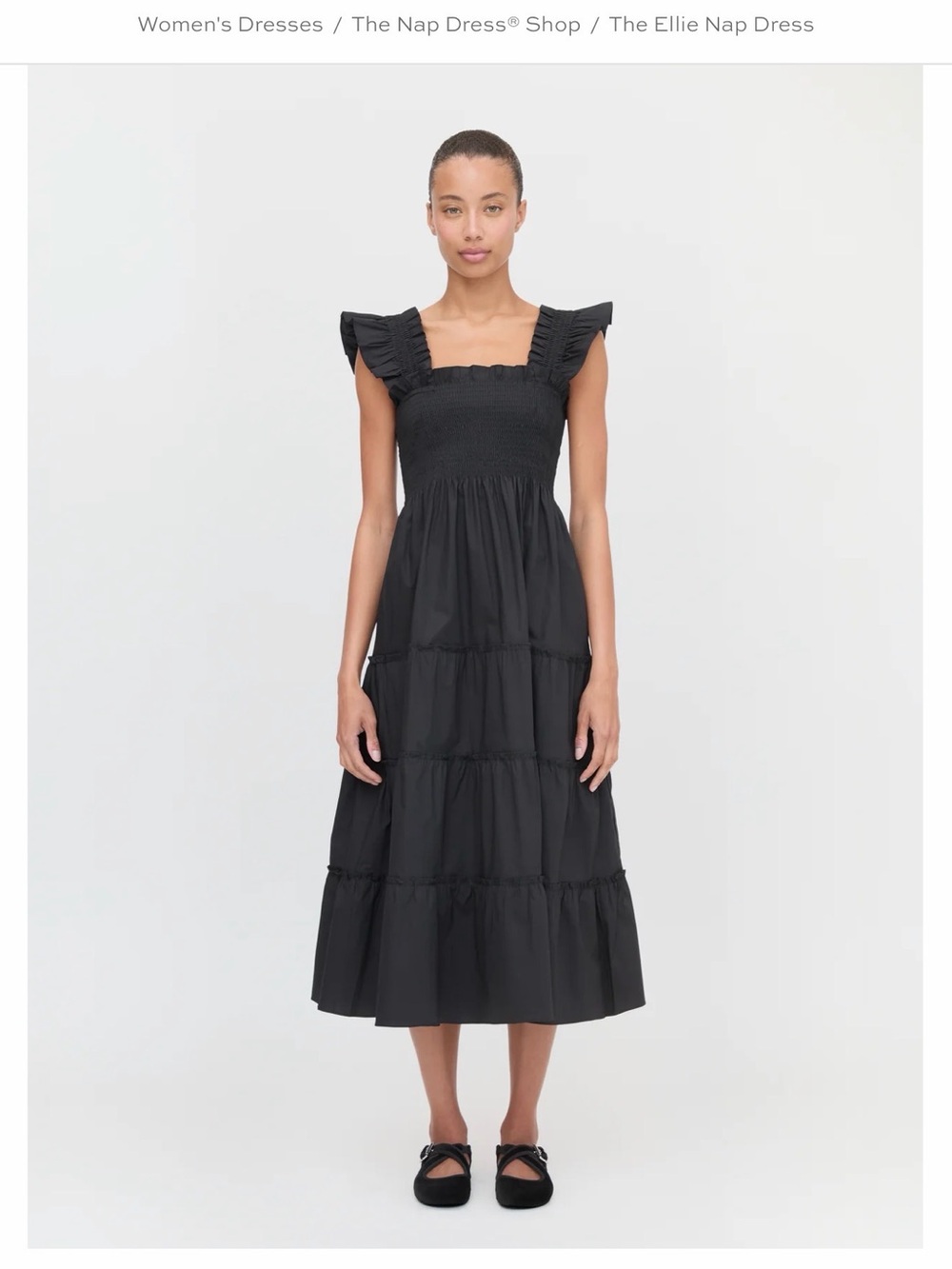 Hill House Ellie Nap Dress — Black Tiered Smocked Midi
